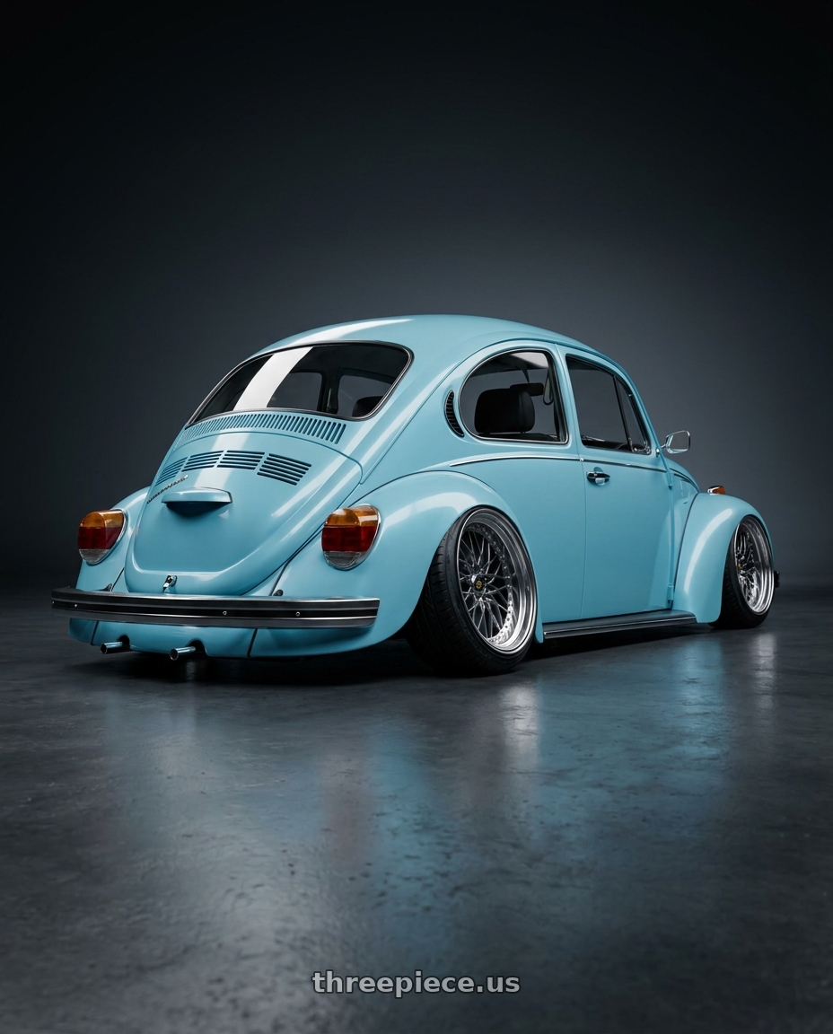 1973 vw beetle with Work Vs-Xv 5x100 18x10-37 A Disk Brilliant Silver Black wheels rear three quarter view extreme stretch tires
