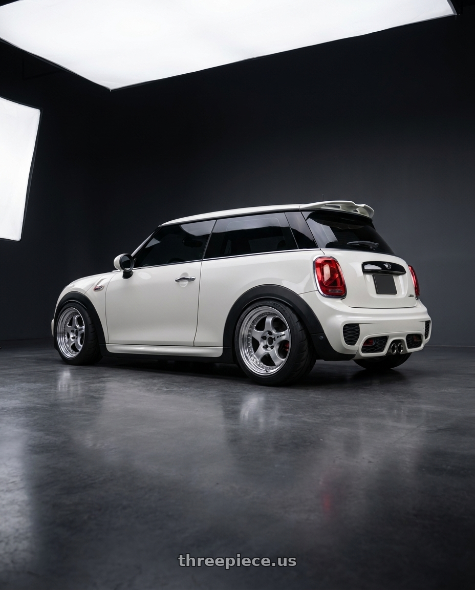 2017 mini cooper jcw with Work Meister S1 3P 5x112 18x8+43 R Disk Silver wheels rear three quarter view meaty tires