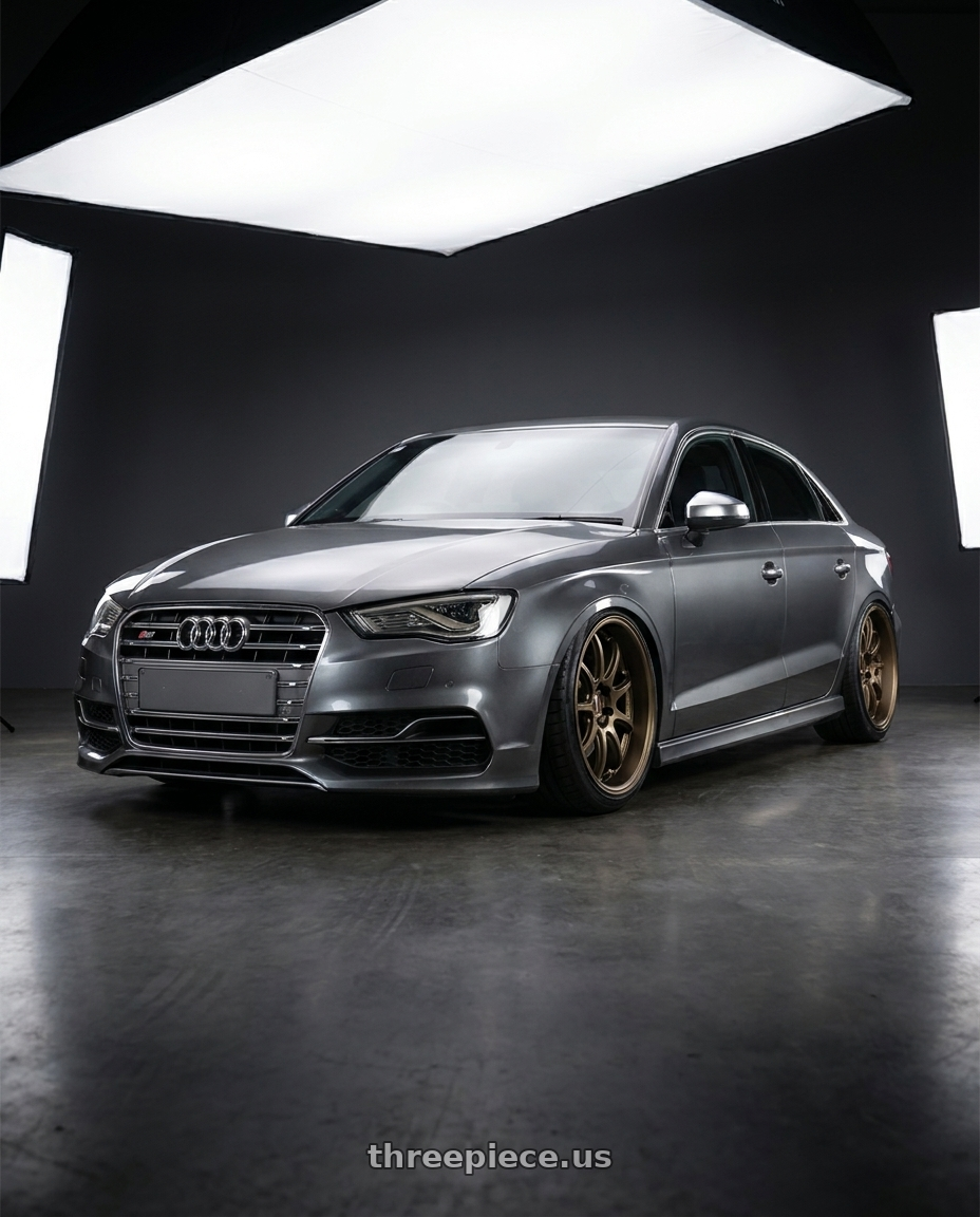 2015 Audi S3 with Work Emotion D9r 5x112 19x10.5 +30 Matte Bronze wheels front three quarter view slammed stance