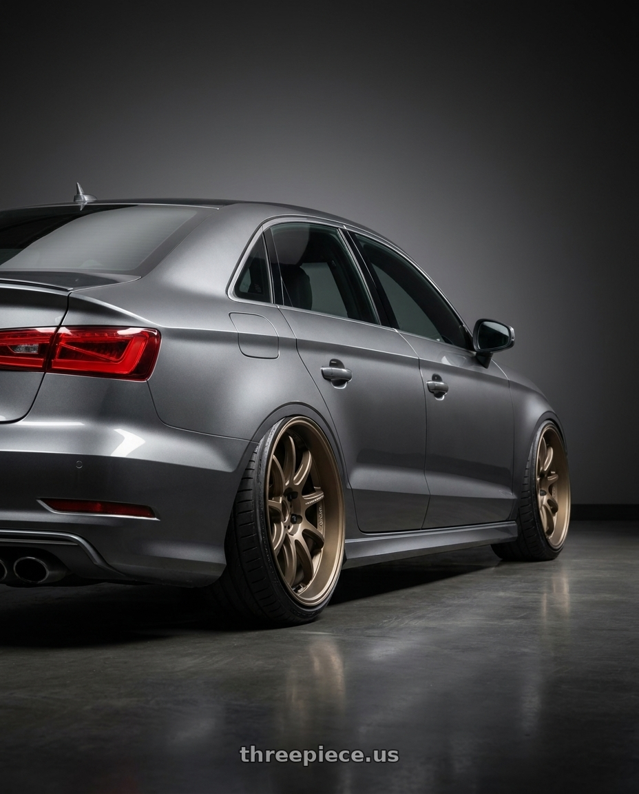 2015 Audi S3 with Work Emotion D9r 5x112 19x10.5 +30 Matte Bronze wheels rear three quarter view extreme stretch tires