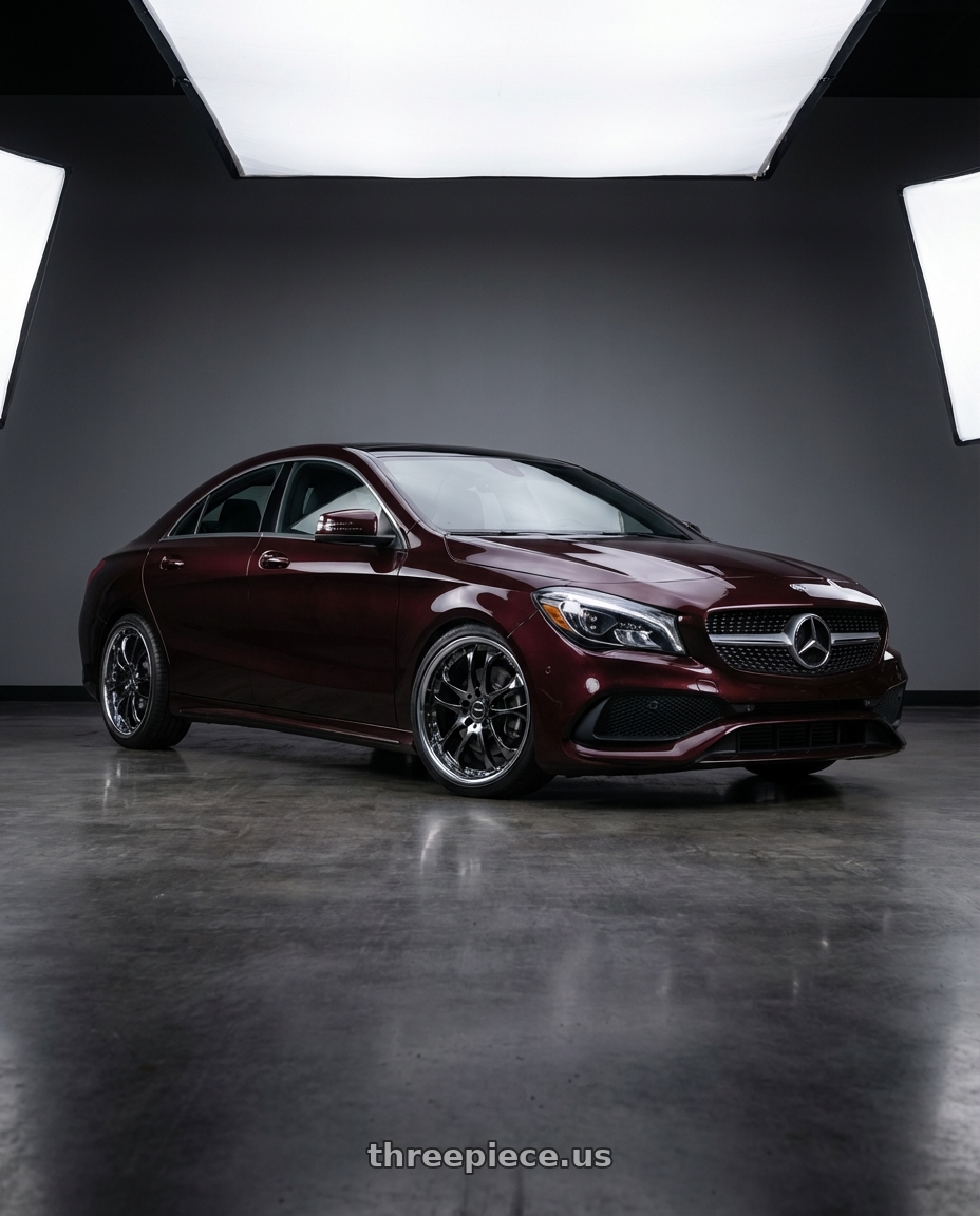 2018 Mercedes-Benz CLA C117 with Ssr Agle Minerva 5x112 19x12.5+43 SL Disk Super Black Coat wheels front three quarter view lowered stance