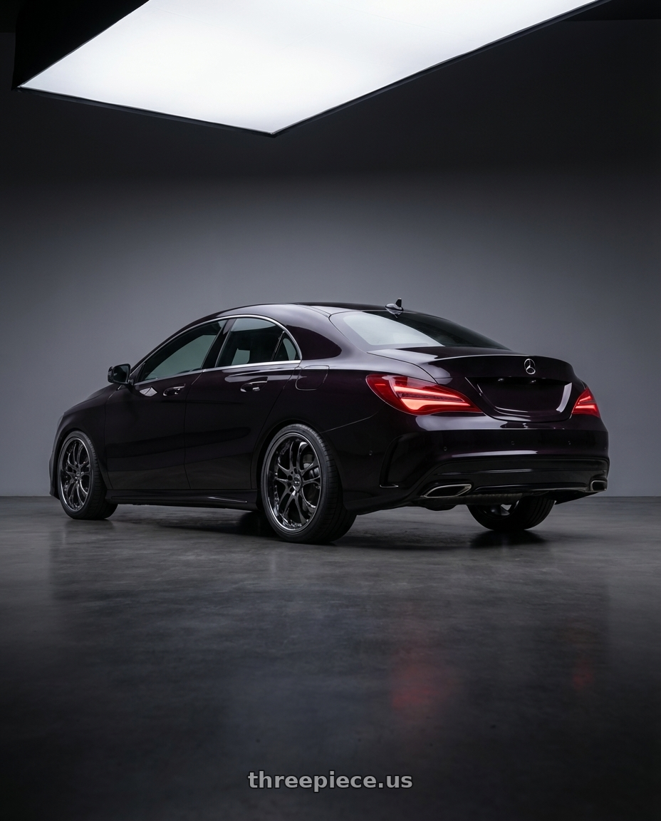 2018 Mercedes-Benz CLA C117 with Ssr Agle Minerva 5x112 19x12.5+43 SL Disk Super Black Coat wheels rear three quarter view square tires