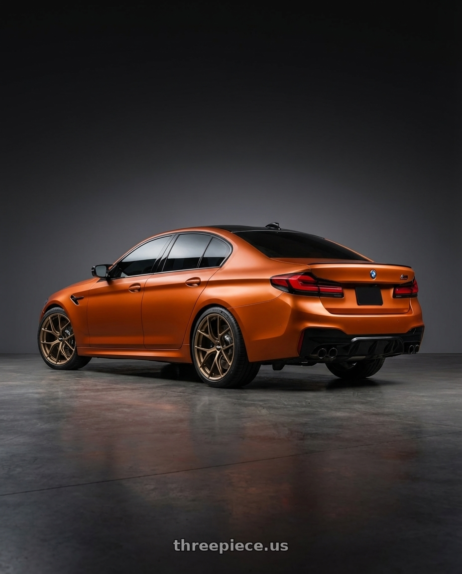 2021 bmw m5 competition orange with BBS FI-R CL 20x9.5+50 Matte Bronze wheels rear three quarter view square tires