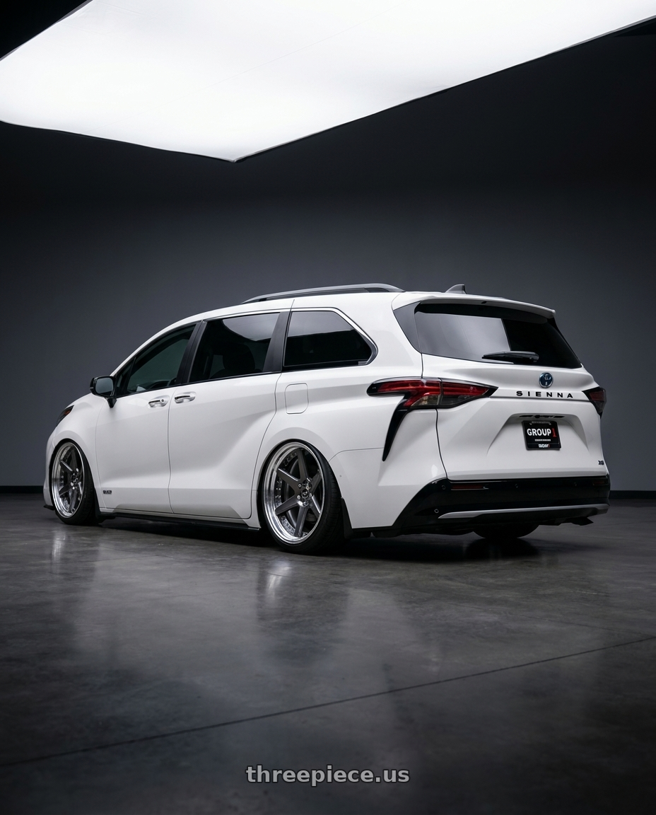 2025 TOYOTA SIENNA XSE  with Work Zeast Black Label Bst1 5x100 19x8+0 H Disk Brilliant Silver Black wheels rear three quarter view extreme stretch tires