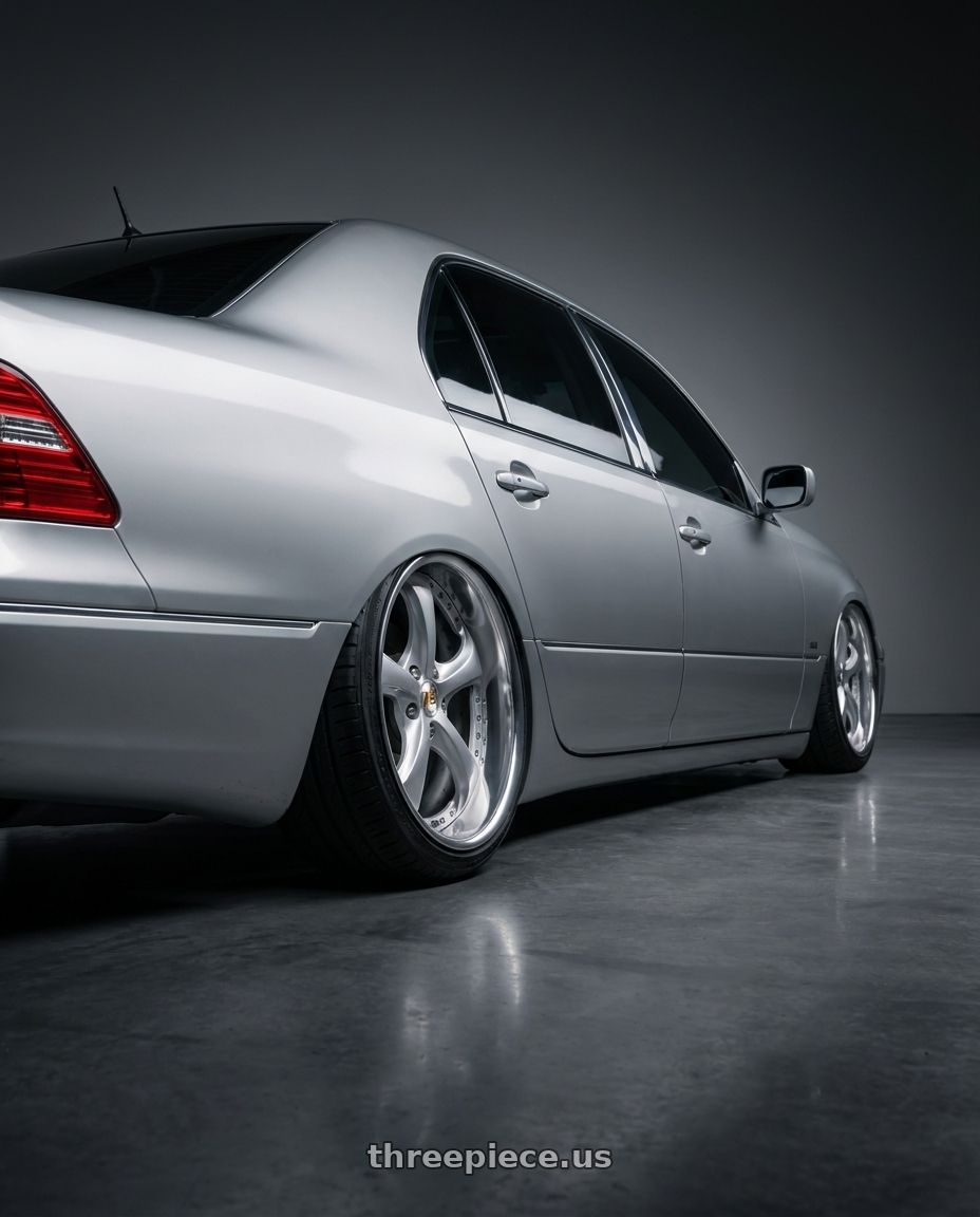 2004 lexus ls430 with Work Wheels VS-KF 5x114.3 20x9.5+35 Light Grey Silver L Disk FULL REVERSE wheels rear three quarter view extreme stretch tires