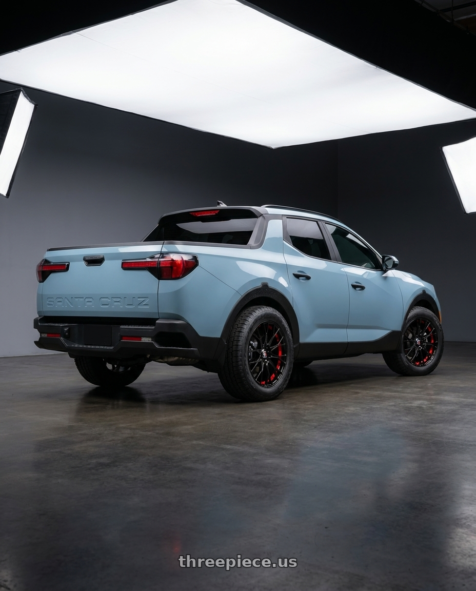 2026 Hyundai Santa Cruz SEL Activity  with Spec-1 SP-59 5x114.3/5x120 18x8 +38 Gloss Black & Red Undercut wheels rear three quarter view meaty tires