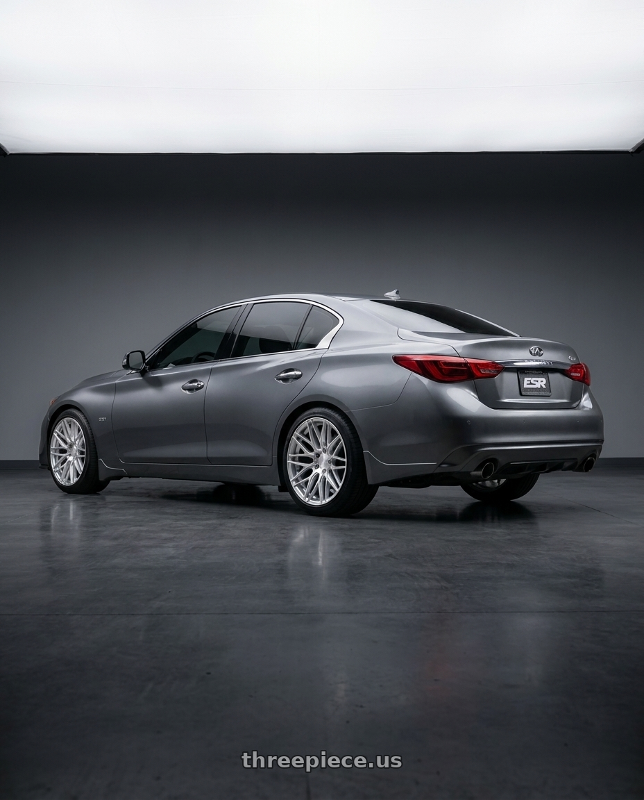 2022 Infiniti Q50 with ESR Wheels RF11 5x120.6 18x10.5 +22 Brushed Hyper Silver wheels rear three quarter view square tires