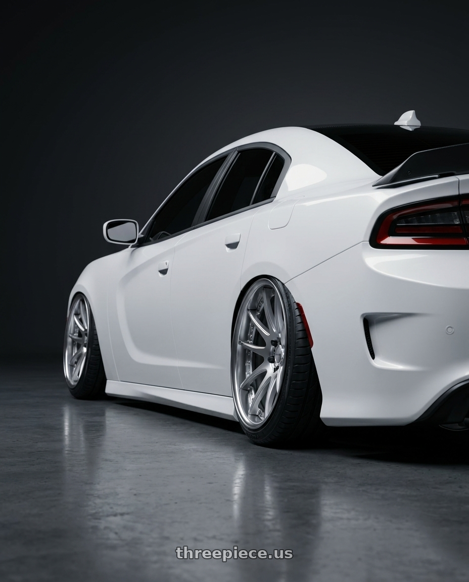 2021 Dodge Charger ScatPack with Work Emotion Cr 3P 5x115 20x10.5+18 L Disk Burning Silver wheels rear three quarter view extreme stretch tires
