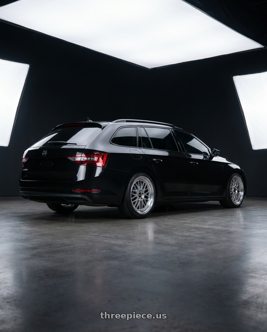 2026 Superb combi with BBS LM 5x114.3 17x7.5+38 Diamond Silver wheels rear three quarter view square tires