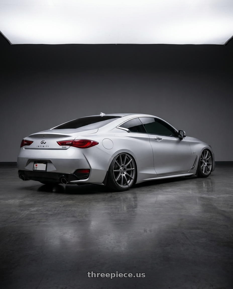 2020 Infiniti Q60 with Forgestar CF10 5x114.3 20x9 +35 Gloss Anthracite wheels rear three quarter view slight stretch tires