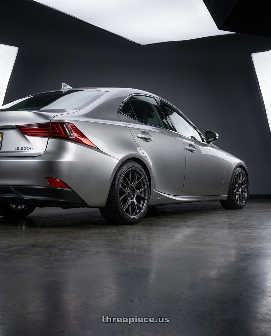 2013 Lexus IS300h with Konig Ampliform 5x114.3 18x8.5+35 Dark Metallic Graphite wheels rear three quarter view square tires