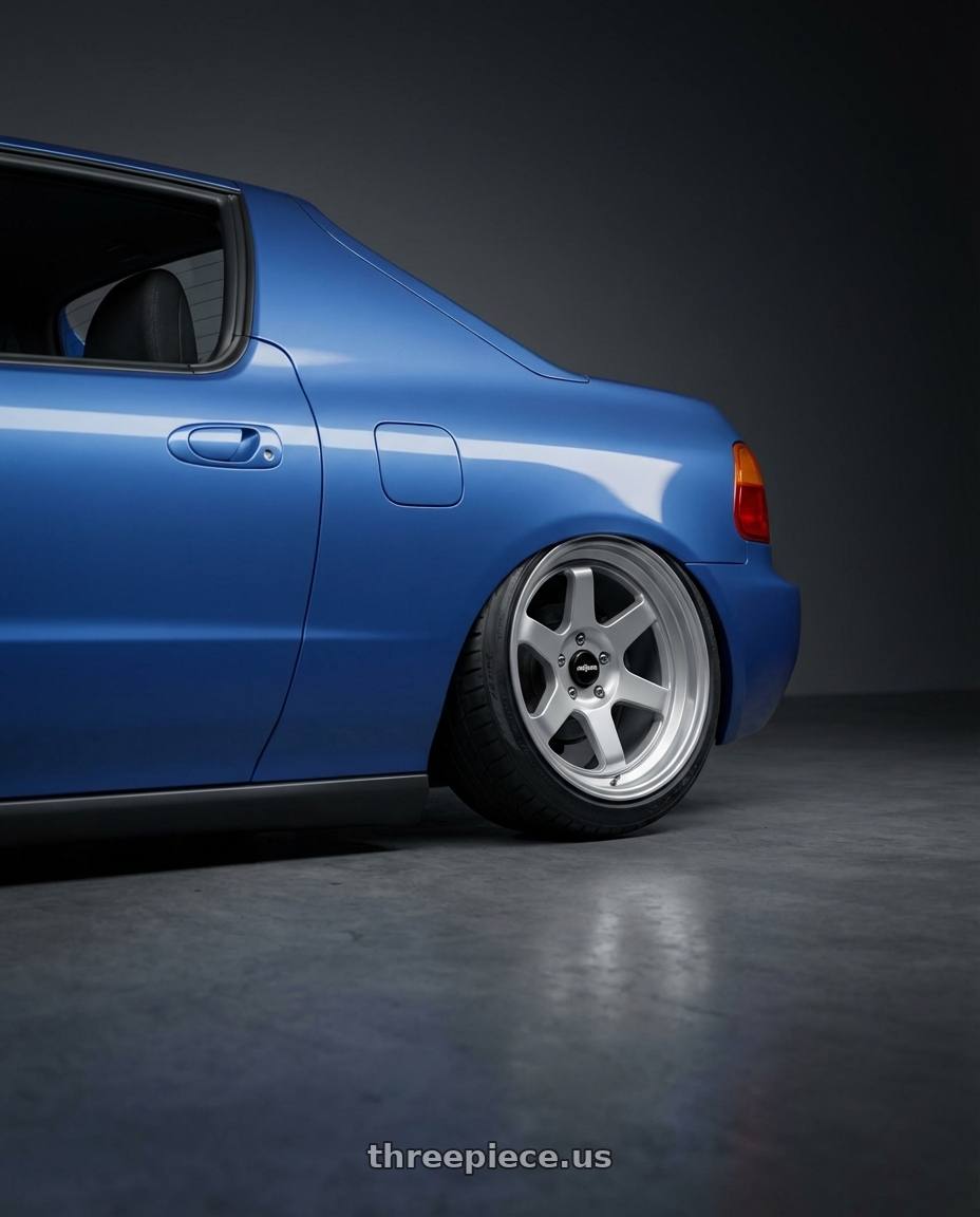 1998 honda del sol si with Rotiform 1PC R114 SIX BLANK 18X8.5 +35 GLOSS SILVER wheels rear three quarter view extreme stretch tires