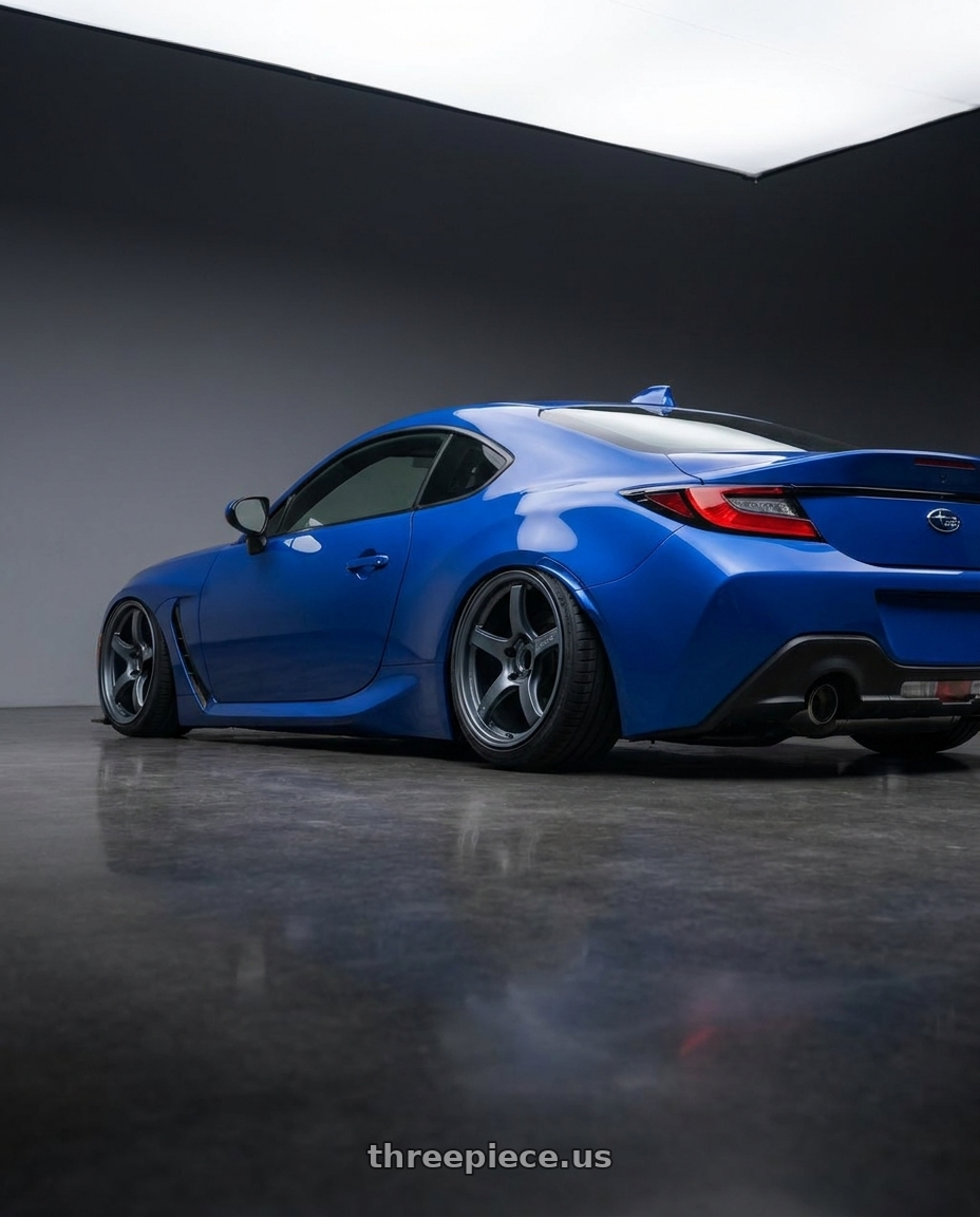 2024 Subaru BRZ with Gram Lights 57CR 5x114.3 18x9.5+22 Gunblue II wheels rear three quarter view slight stretch tires