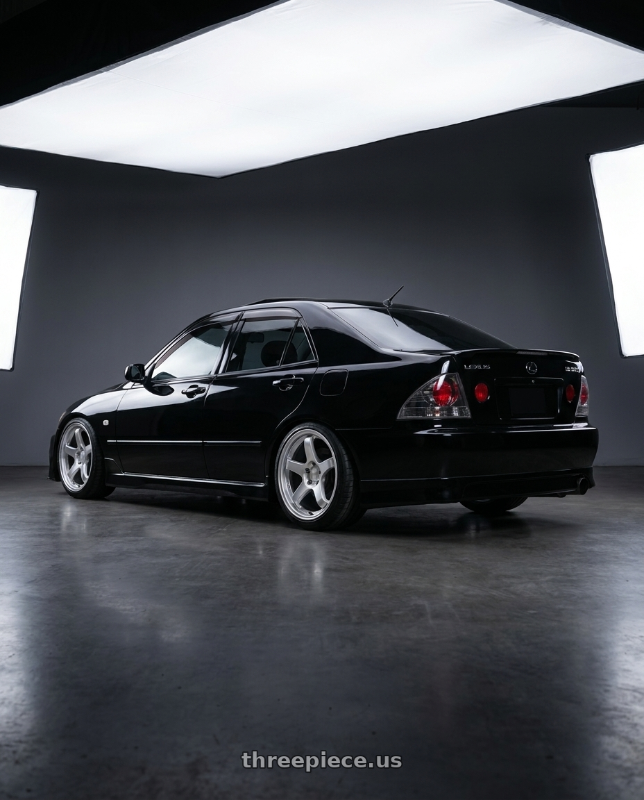 2004 Lexus IS300 with KATANA RACING HR05 5x114.3 18x9.5 +22 Hyper Silver wheels rear three quarter view square tires