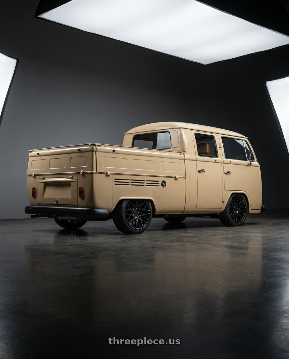 Vw kombi 1984 diésel  with Rotiform 1PC R112 BLQ 5X112 18X8.5 +35 MATTE BLACK wheels rear three quarter view square tires