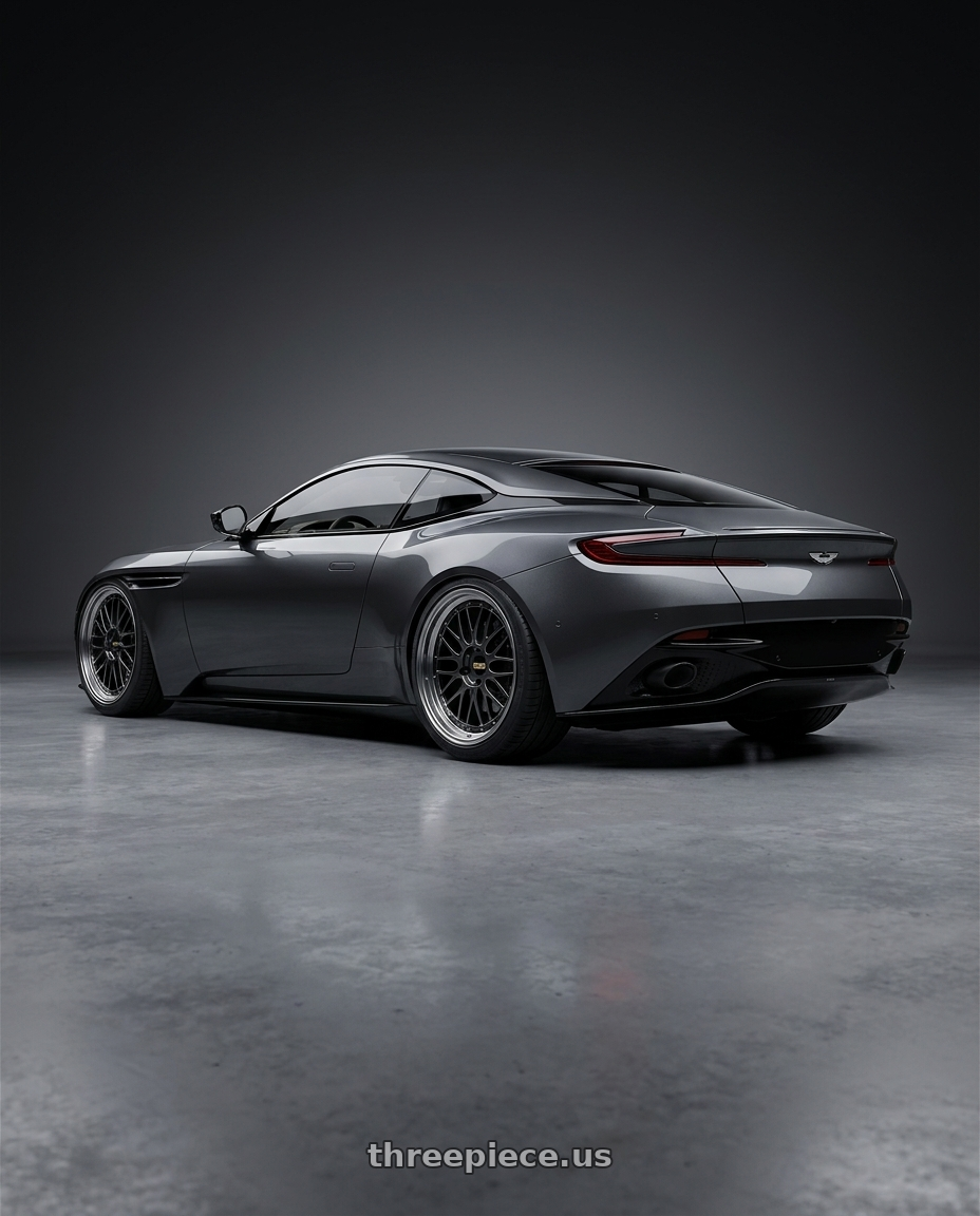 2019 Aston Martin DB11 with BBS LM 5x114.3 18x9.0+25 Diamond Black wheels rear three quarter view square tires