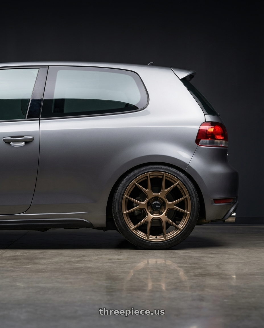 2013 Volkswagen GTI MK6 with Konig Ampliform 5x112 18x8.5+43 Gloss Bronze wheels rear three quarter view square tires