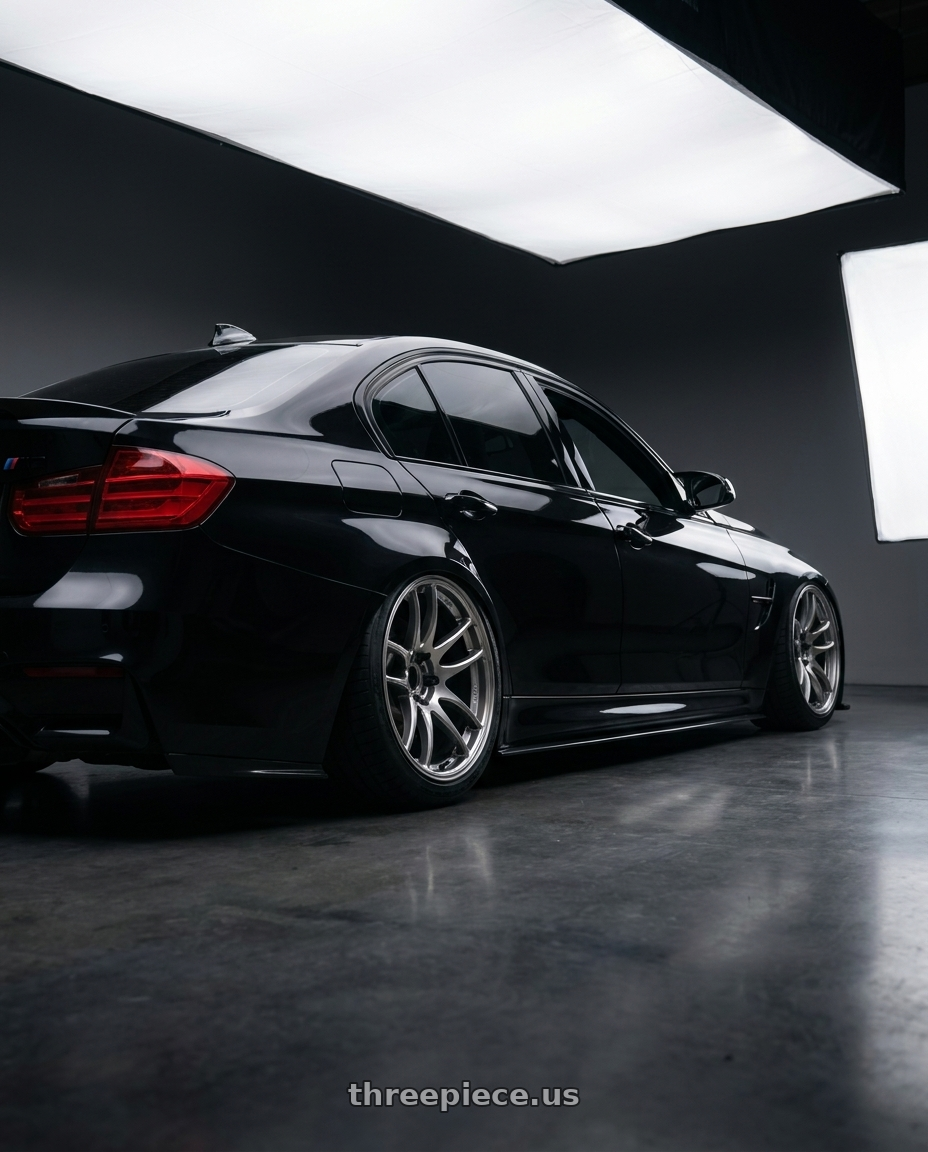 2016 bmw m3 with Work Emotion Cr Kiwami 5x120 19x10.5 +12 Gt Silver wheels rear three quarter view slight stretch tires