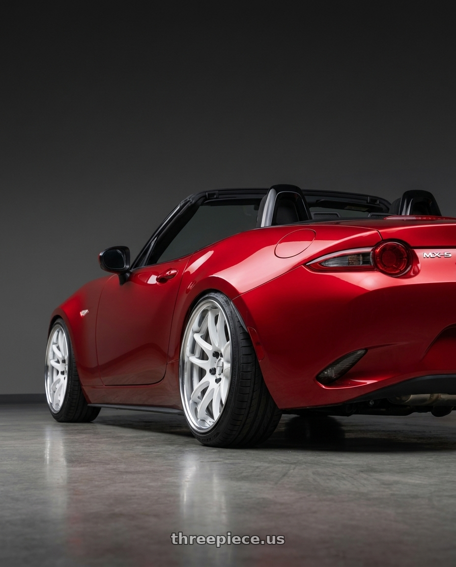 2024 mazda mx5  with Work Cr 2P 4x100 17x8.0 +38 Gloss White wheels rear three quarter view square tires