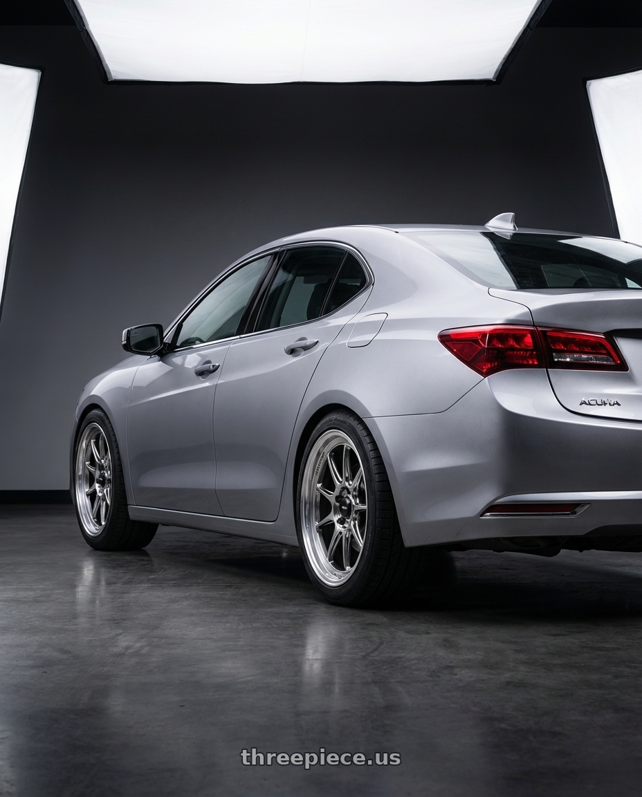 2019 Acura TLX with Konig Countergram 5x114.3 19x8.5+35 Hyper Chrome / Machined Lip wheels rear three quarter view square tires