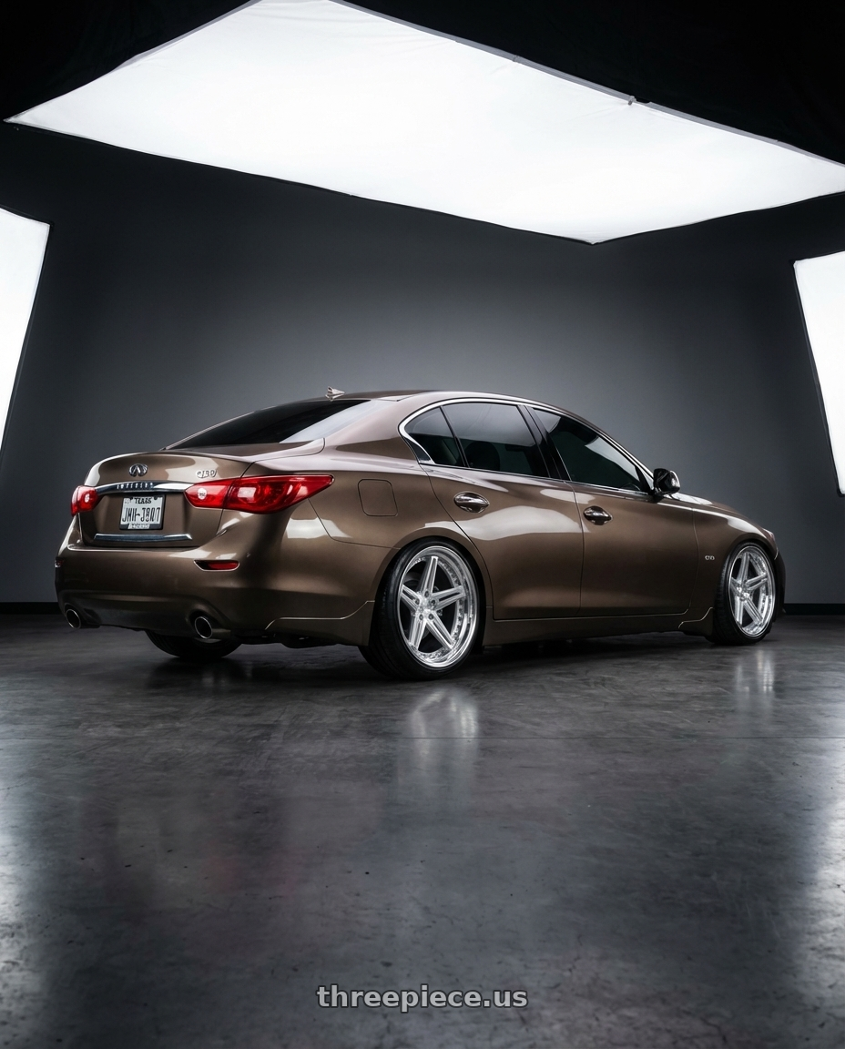 2014 Infiniti q50 chestnut bronze with Aodhan DS08 5X114.3 19x9.5+15 Silver w/Machined Face wheels rear three quarter view square tires