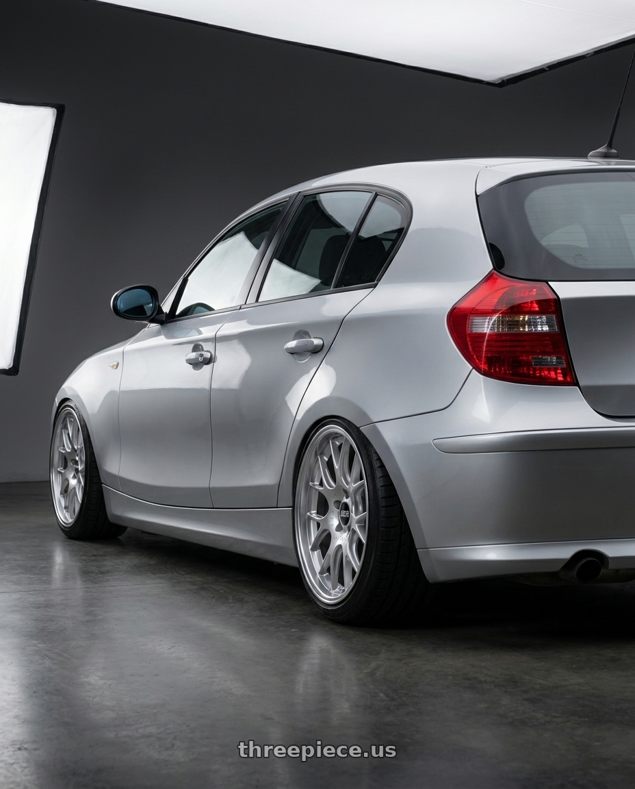 2007 Bmw 120d with BBS CH-R 5x112 18x8.5 +47 Brilliant Silver Polished Rim Protector wheels rear three quarter view slight stretch tires