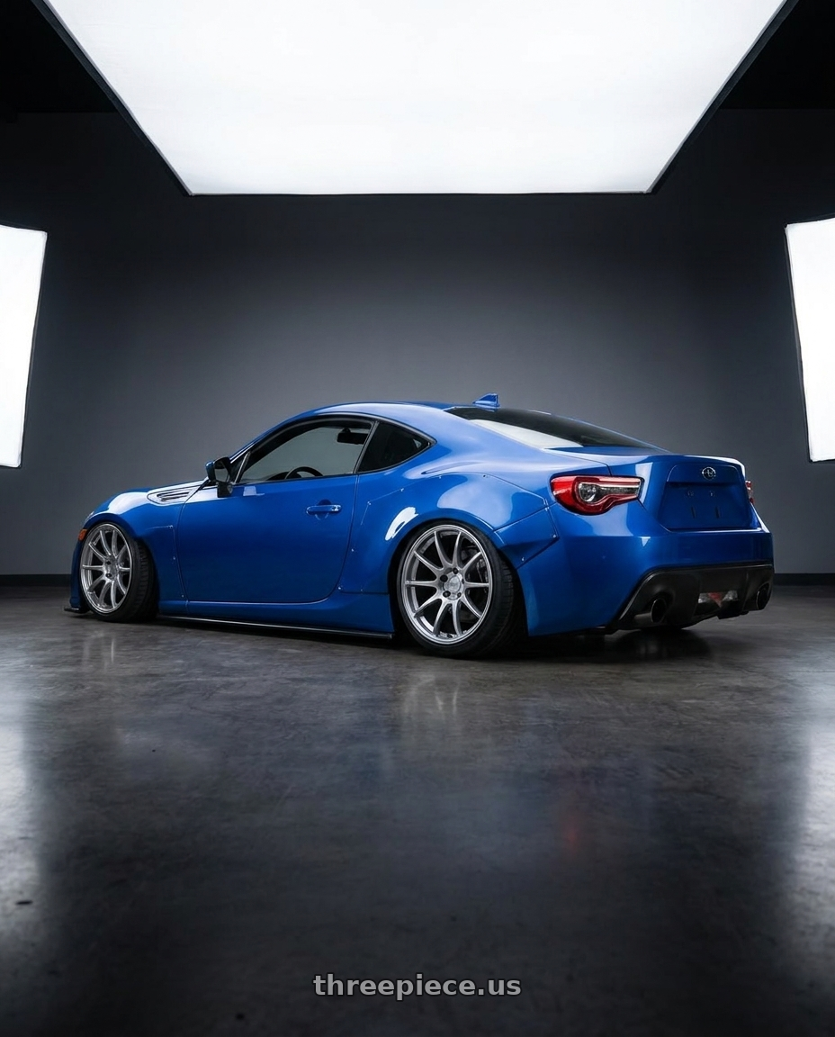 2017 Subaru BRZ with Ssr Gtv02 5x100 18x8.5+44  GLARE SILVER wheels rear three quarter view slight stretch tires