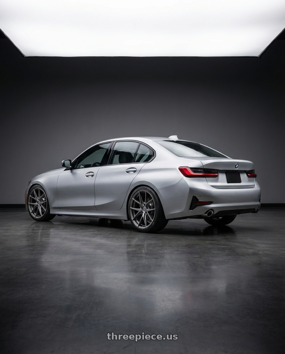 2023 BMW 3 Series G20 with Niche 1PC M116 MISANO 5X112 19X8.5 +42 MATTE GUN METAL wheels rear three quarter view square tires