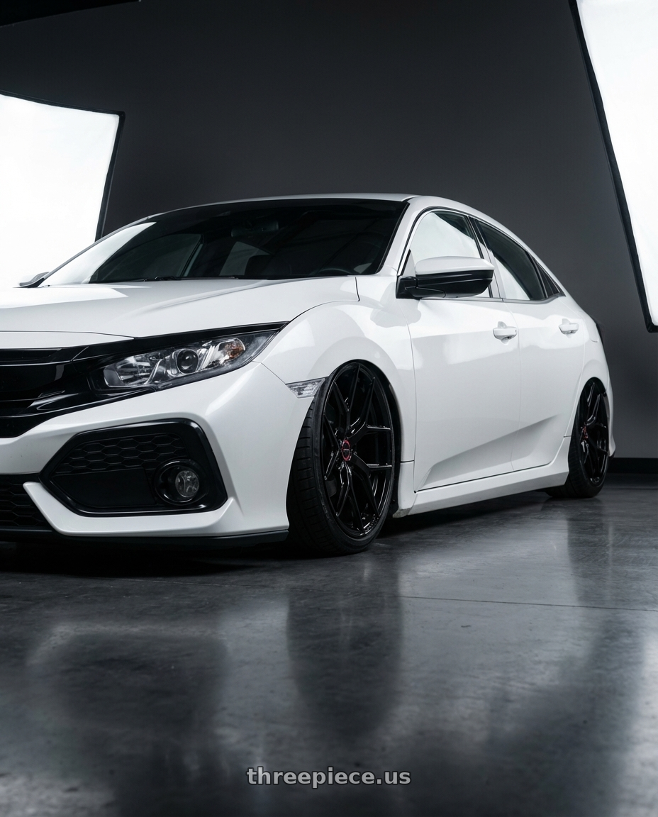 2019 Honda Civic with Vossen HF-5 19x8.5 / 5x114.3 / ET32 / Flat Face / 73.1 - Gloss Black Wheel - HF5-9N60 wheels front three quarter view stanced stance