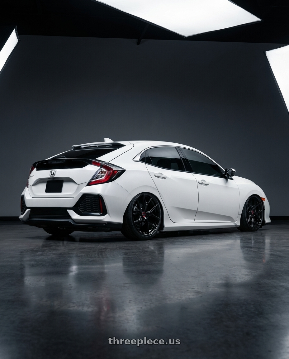 2019 Honda Civic with Vossen HF-5 19x8.5 / 5x114.3 / ET32 / Flat Face / 73.1 - Gloss Black Wheel - HF5-9N60 wheels rear three quarter view slight stretch tires