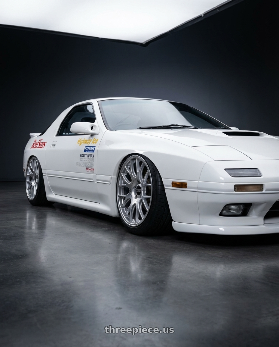 1991 Mazda RX7 FC3S with BBS CH-R 5x120 18x8 +40 Brilliant Silver Polished Rim Protector wheels front three quarter view slammed stance