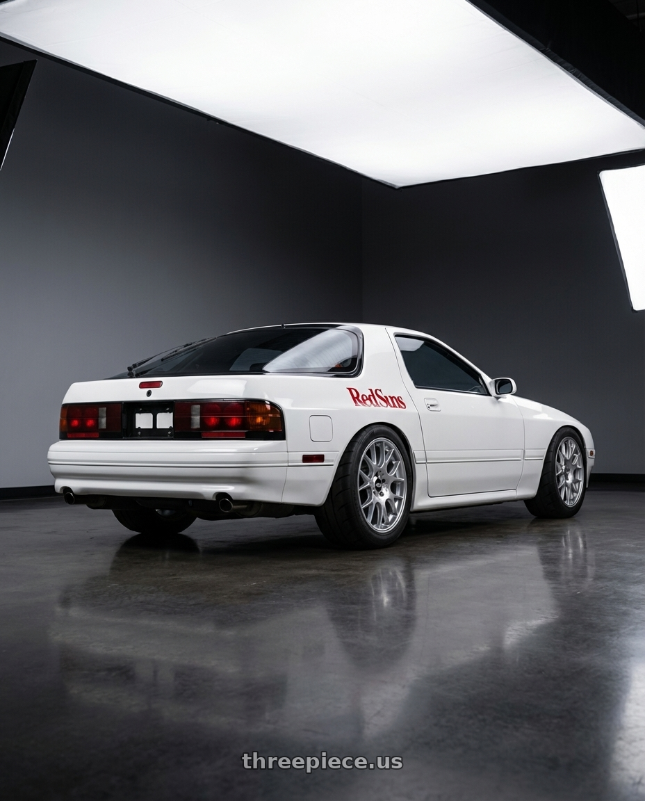 1991 Mazda RX7 FC3S with BBS CH-R 5x120 18x8 +40 Brilliant Silver Polished Rim Protector wheels rear three quarter view meaty tires