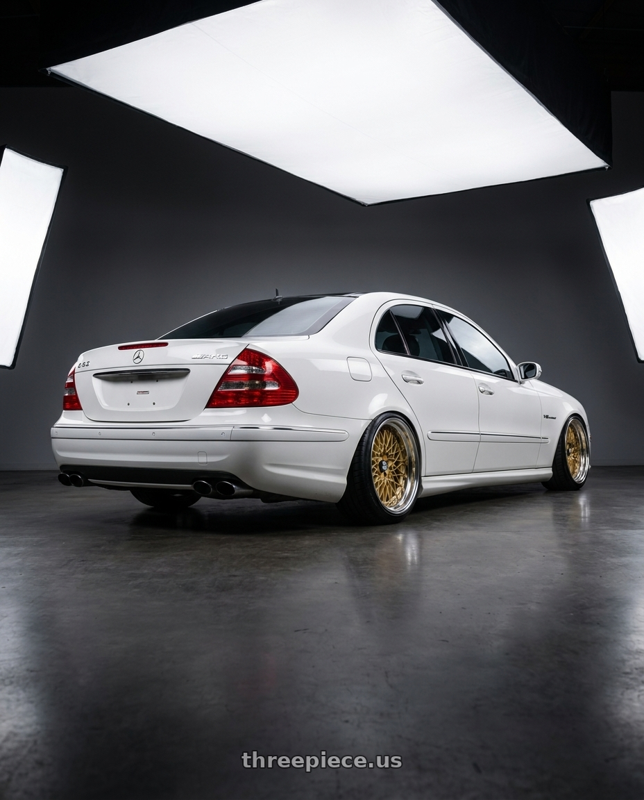 2007 Mercedes E63 AMG with SSR Formula MESH 5x100 19X12.5+-13 HP Disk Fm Gold wheels rear three quarter view extreme stretch tires