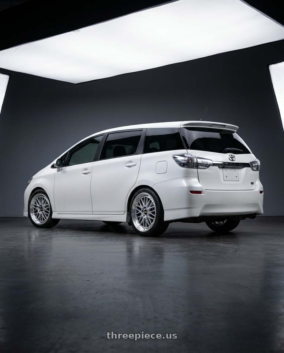 2011 TOYOTA WISH with BBS LM 5x114.3 17x7.5+38 Diamond Silver wheels rear three quarter view square tires