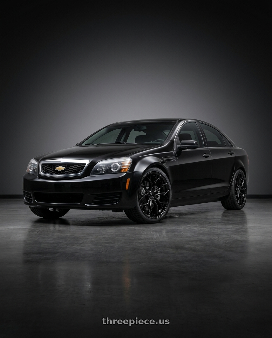 2014 Chevrolet Caprice PPV with DOLCE PERFORMANCE ARIA 5x120 20x8.5 +28 Gloss Black wheels front three quarter view stock stance