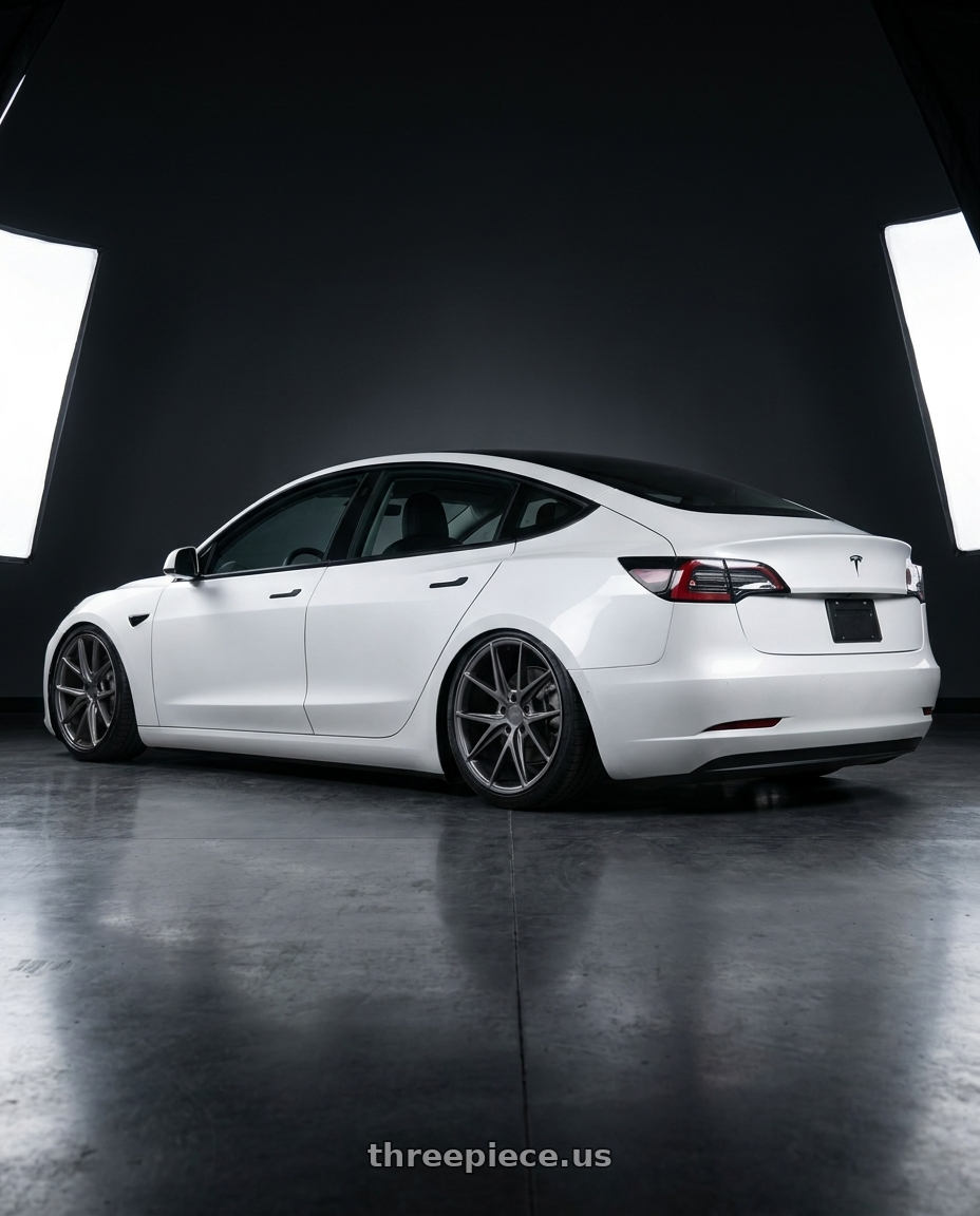 2023 Tesla Model 3 with Niche 1PC M116 MISANO 5X114.3 19X9.5 +35 MATTE GUN METAL wheels rear three quarter view slight stretch tires