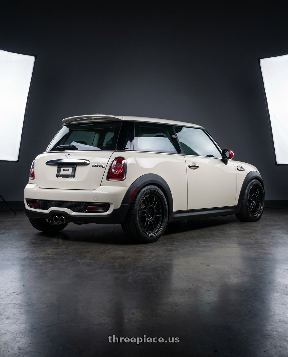 2012 Mini Cooper with Enkei RPF1 4x100 17x7+43 Matte Black wheels rear three quarter view square tires