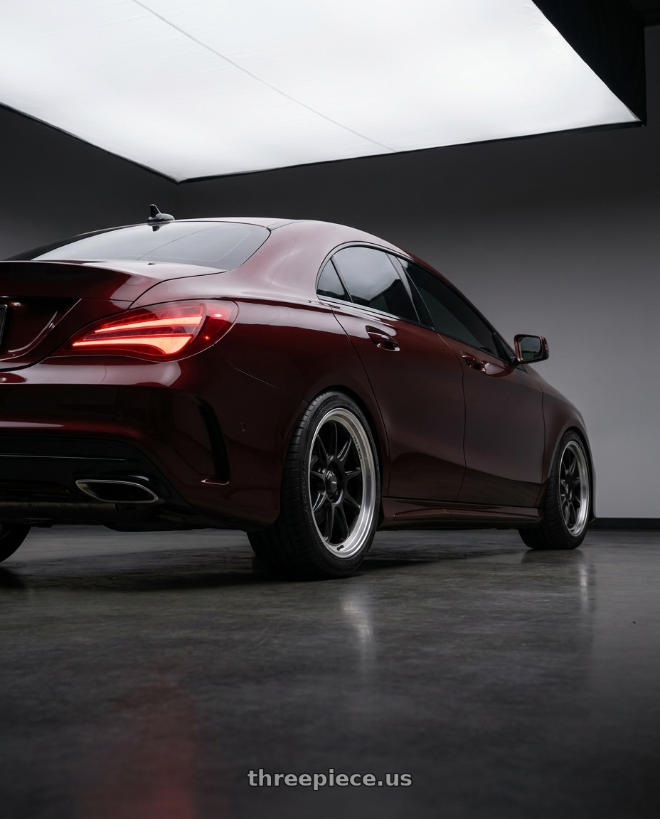 2018 Mercedes-Benz CLA C117 with Konig Countergram 5x112 19x9.5+30 Matte Black / Matte Machined Lip wheels rear three quarter view square tires