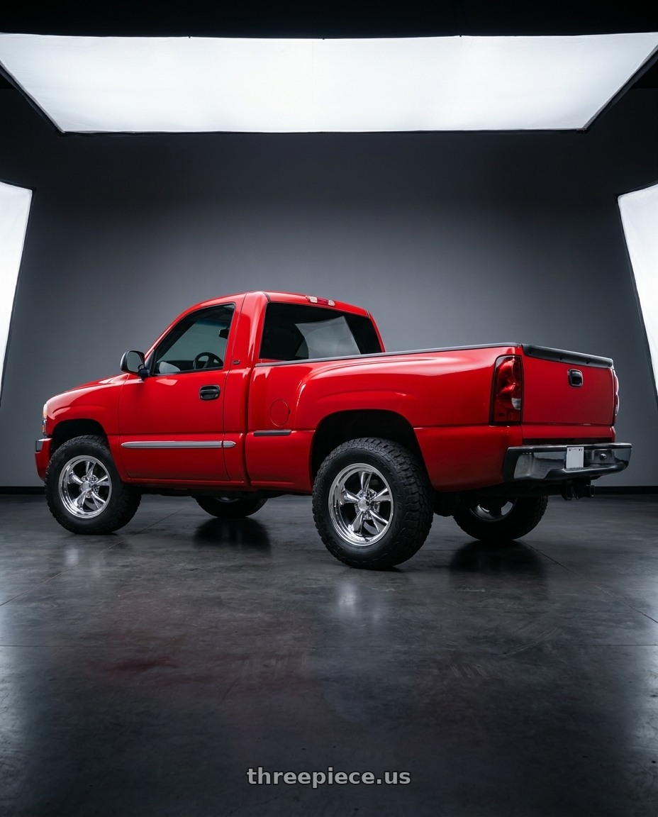 2004 gmc sierra with Vision American-Muscle 141H 6x139.7 17x8+0 Chrome wheels rear three quarter view meaty tires