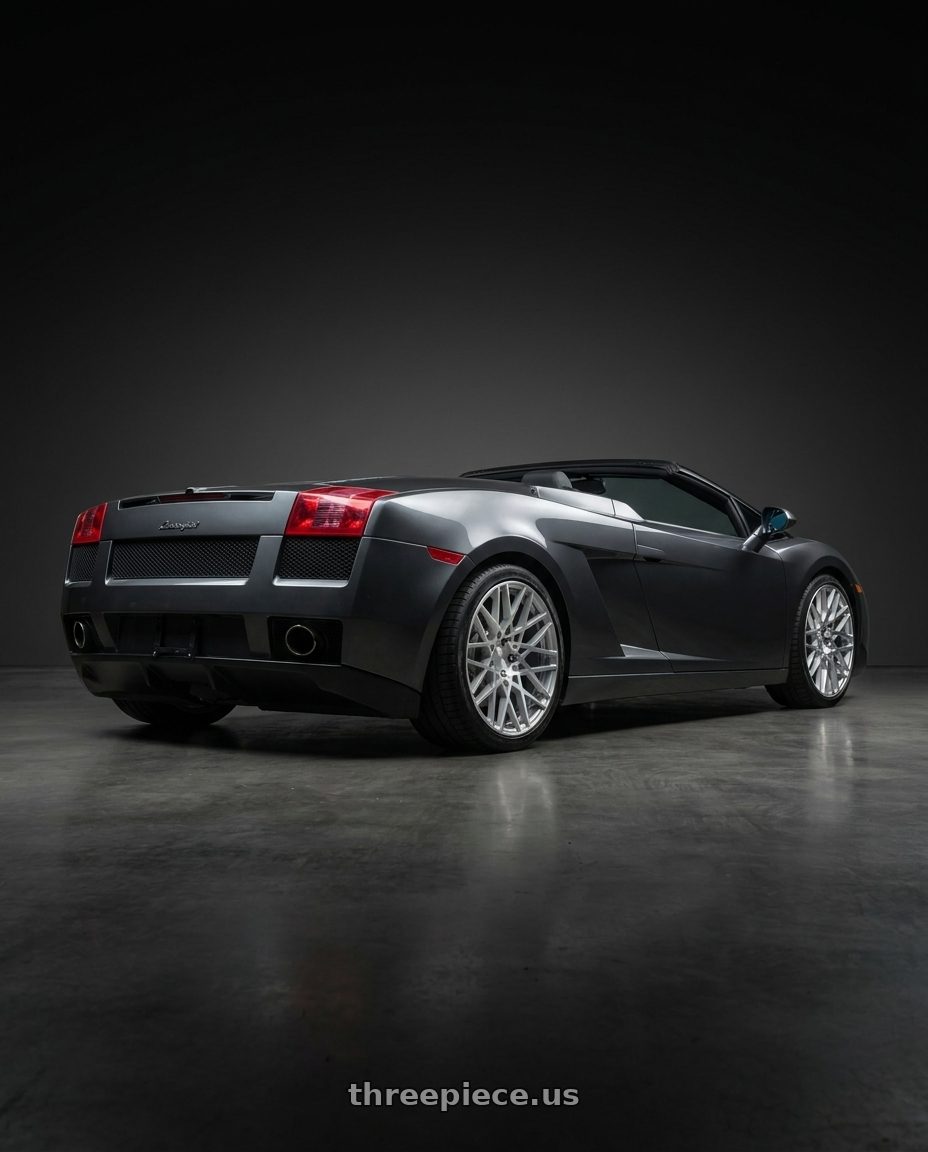 2007 Lamborghini gallardo with Rotiform 1PC R110 BLQ 5X112 19X8.5 +35 GLOSS SILVER MACHINED wheels rear three quarter view square tires