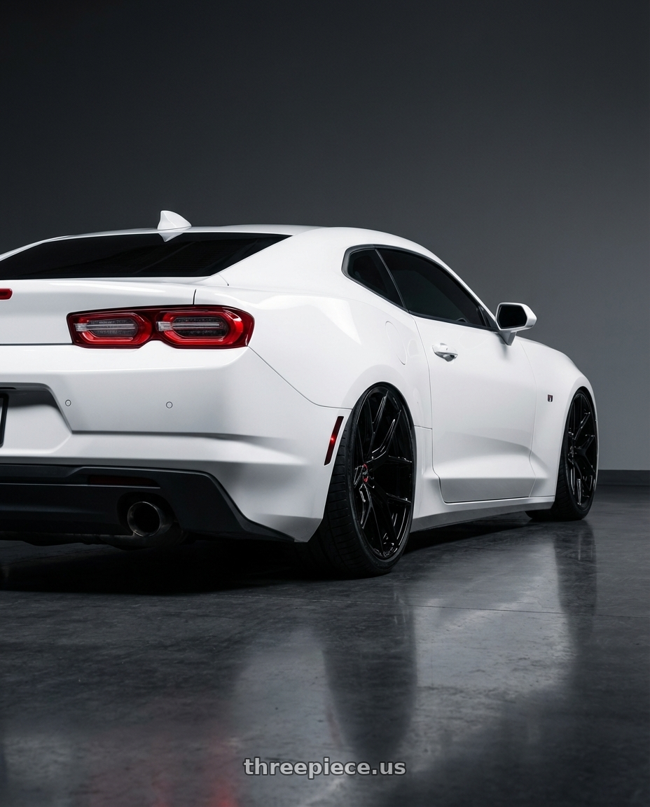 2022 Chevrolet Camaro with Vossen HF-5 20x9 / 5x120 / ET35 / Flat Face / 72.56 - Gloss Black Wheel - HF5-0B01 wheels rear three quarter view slight stretch tires