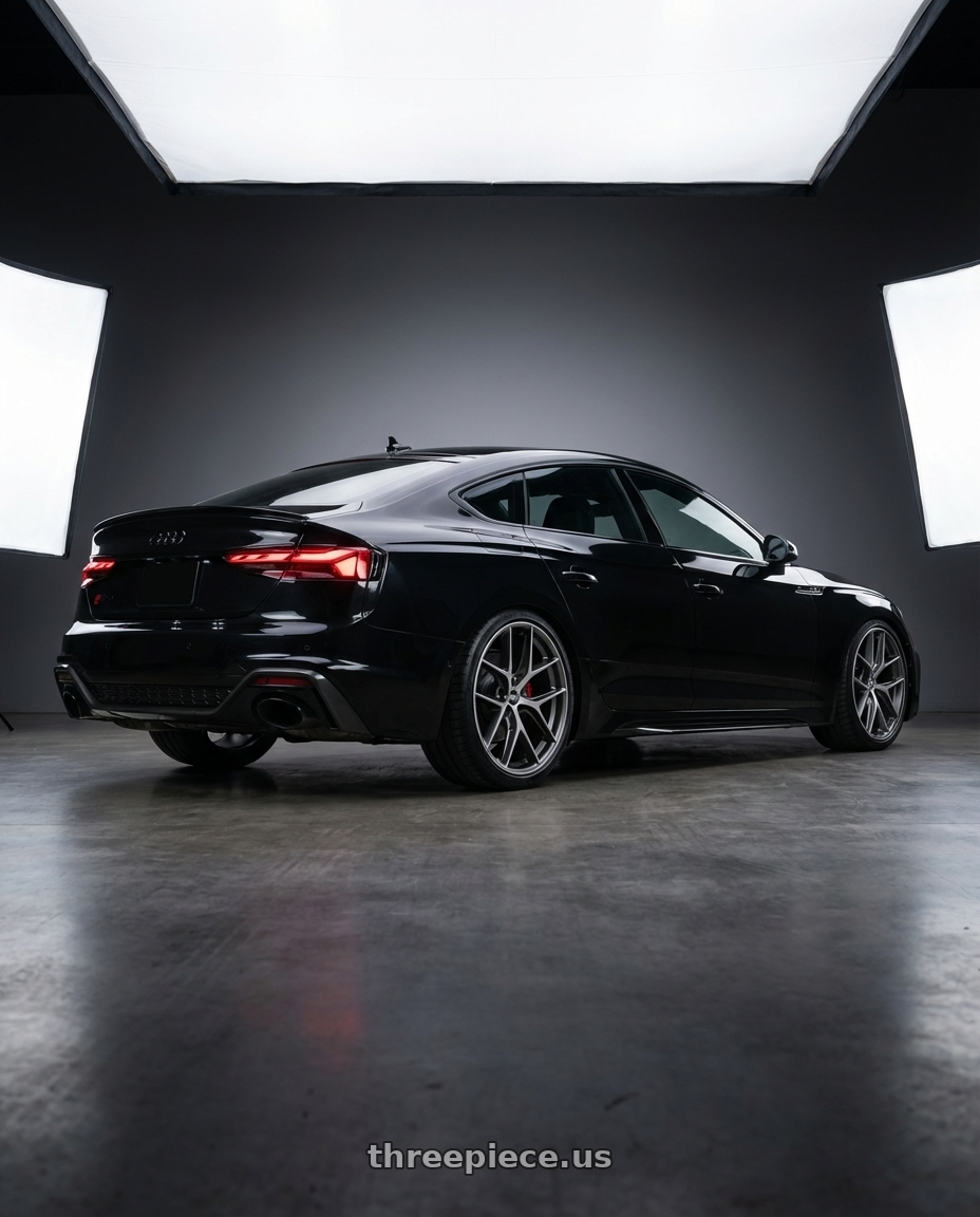 2022 Audi RS5 with BBS CC-R 5x112 20x8.5+30 Graphite w/ Diamond Cut Face wheels rear three quarter view square tires