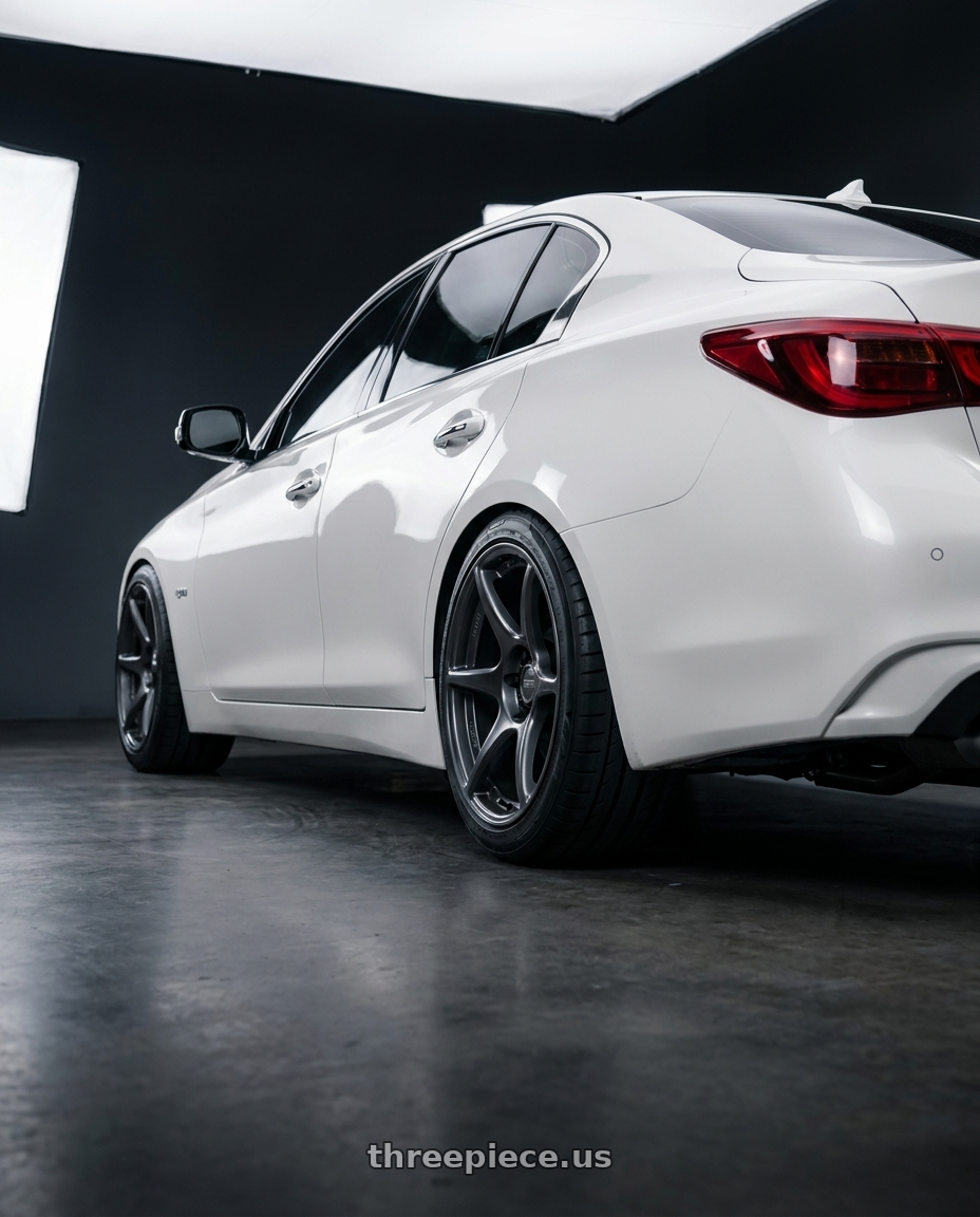 2020 Infiniti Q50 with Kansei K11G Tandem 5x114.3 19x10.5 12 Gunmetal wheels rear three quarter view square tires