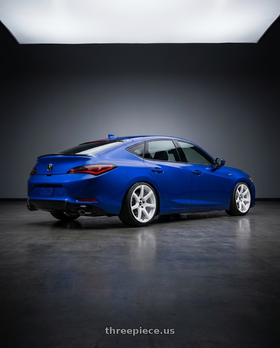 2023 Acura integra a spec with Work Emotion T7r 5x100 18x9.5 +38 White wheels rear three quarter view slight stretch tires