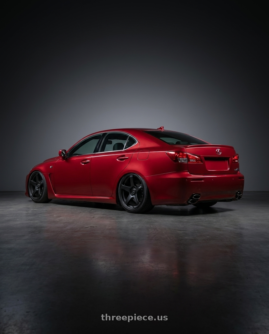 2012 Lexus IS-F with Ssr Gtv01 5x114.3 19x8.5+38  FLAT BLACK wheels rear three quarter view slight stretch tires