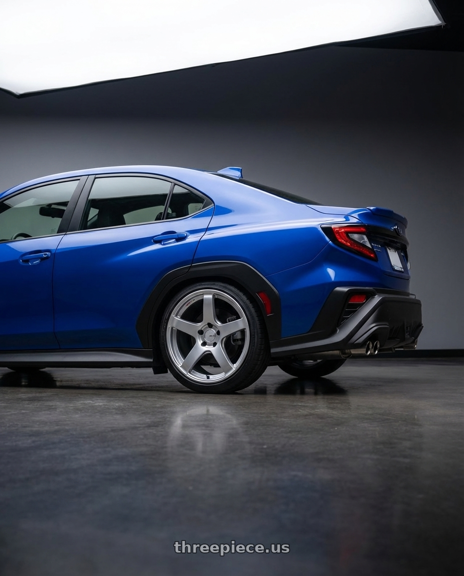 2024 Subaru WRX with Ssr Gtv01 5x114.3 18x8.5+40  GLARE SILVER wheels rear three quarter view square tires