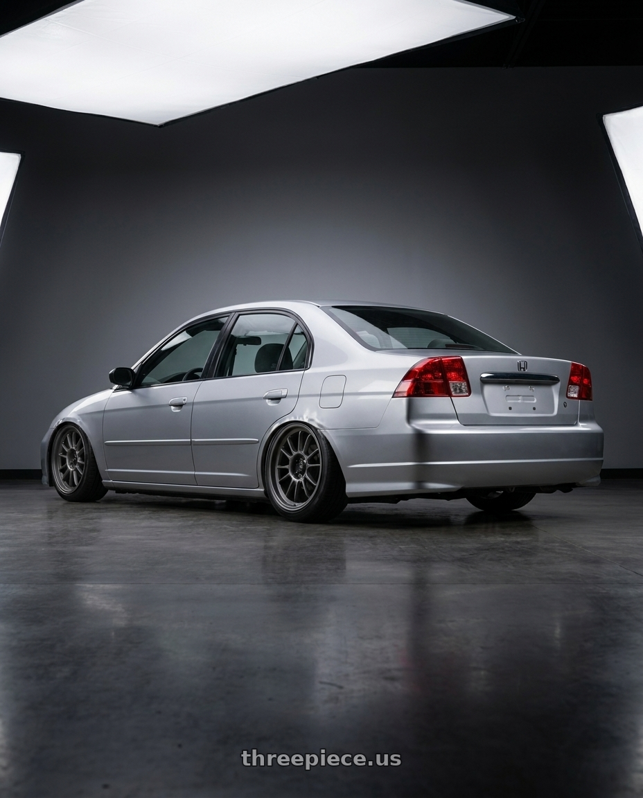 2002 Civic sedan silver with Konig Hypergram 4x100 16x7.5+38 Matte Grey wheels rear three quarter view slight stretch tires