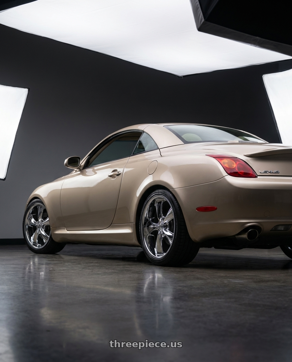 2003 Lexus SC430 Egyptian Sand with Foose 1PC F105 LEGEND 5X114.3 18X7 +1 CHROME PLATED wheels rear three quarter view square tires