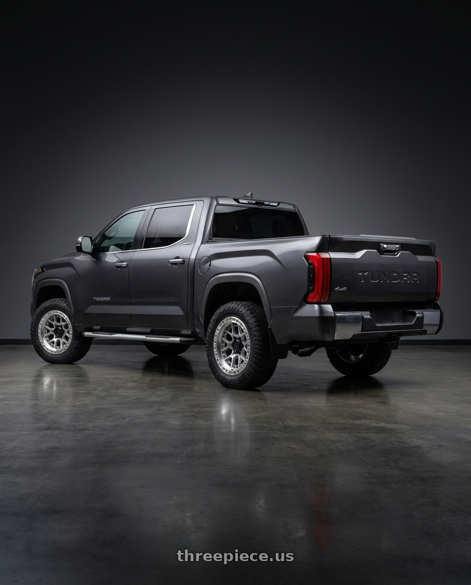 2023 toyota tundra with LOCK OFFROAD COMMANDO 6x139.7 17x9 0 Machine With Clear Coat wheels rear three quarter view square tires