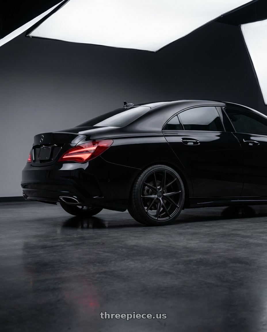 2018 Mercedes-Benz CLA C117 with Niche 1PC M117 MISANO 5X112 19X8.5 +34 MATTE BLACK wheels rear three quarter view square tires